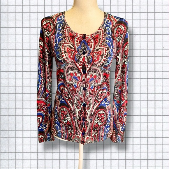 Talbots 100% Merino Wool Blue & Red Multicolor Brushed Paisley Cardigan Size S - Picture 1 of 12